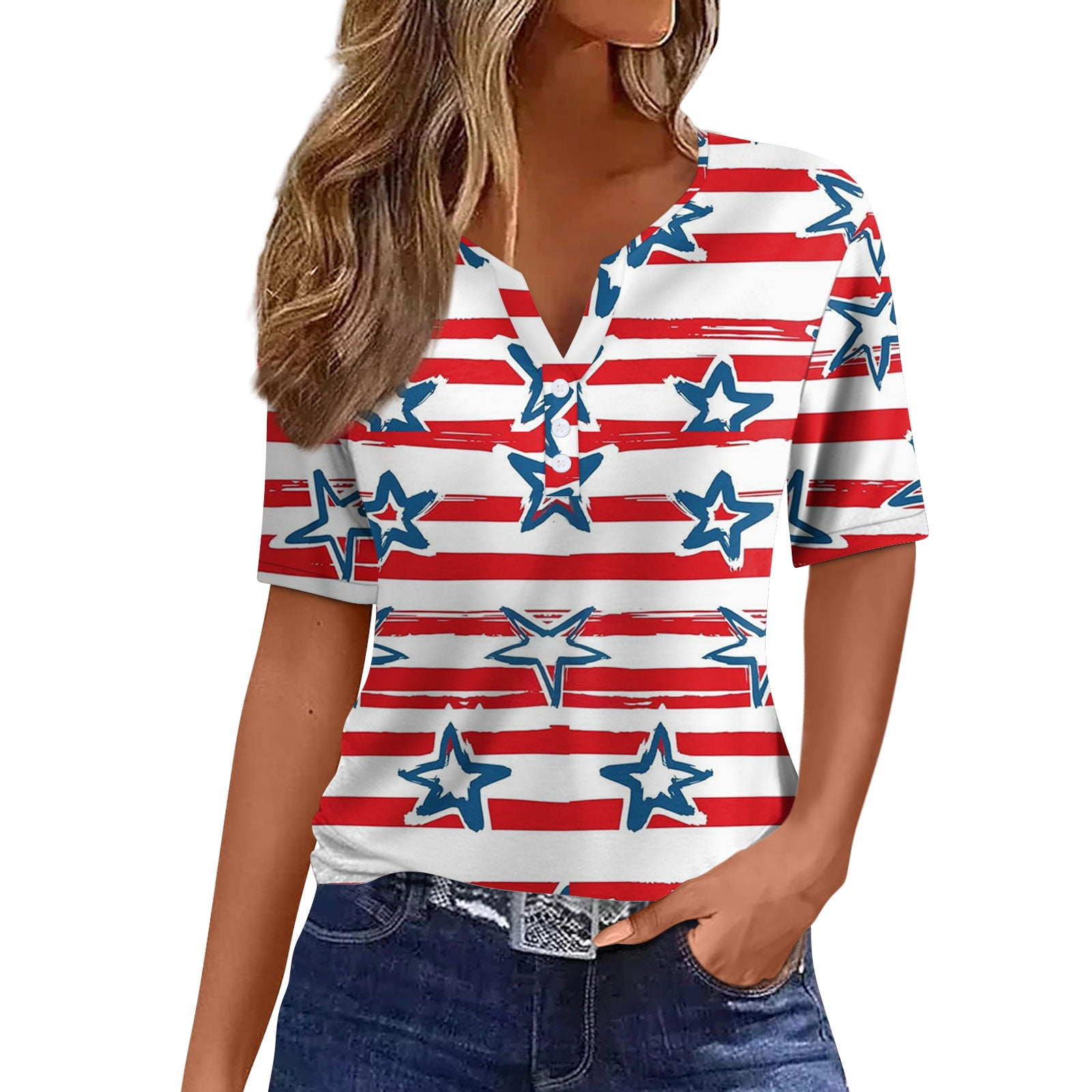 American Flag Plus Size Tops for Women Patriotic Casual Summer Short