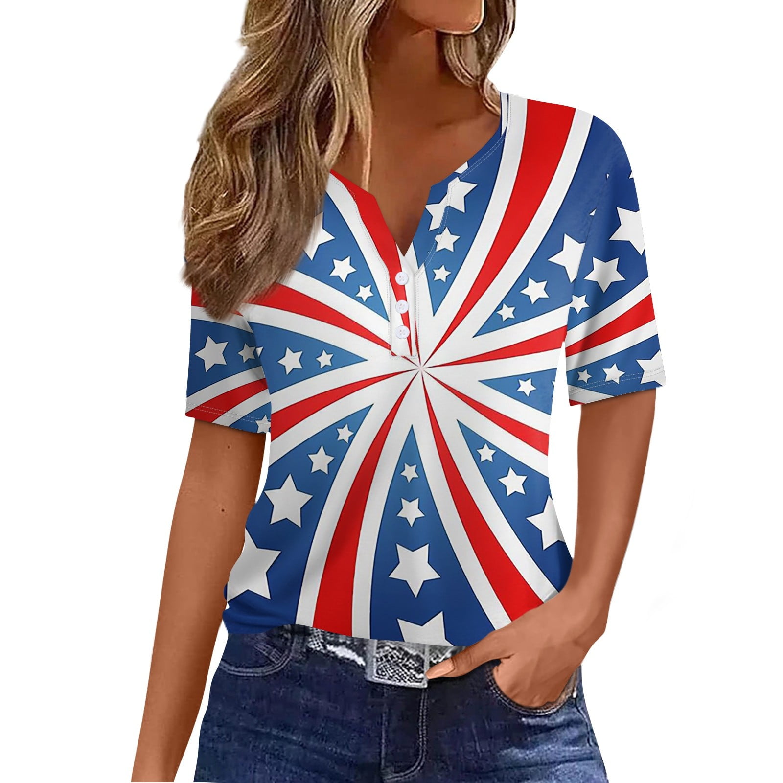 American Flag Plus Size Tops for Women Patriotic Casual Summer Short