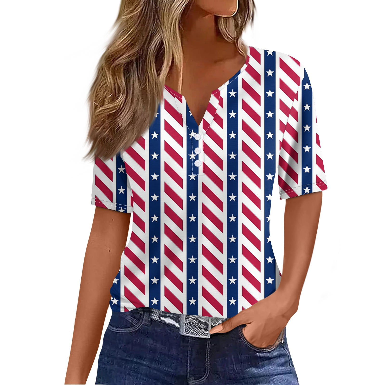 American Flag Plus Size Tops for Women Patriotic Casual Summer Short