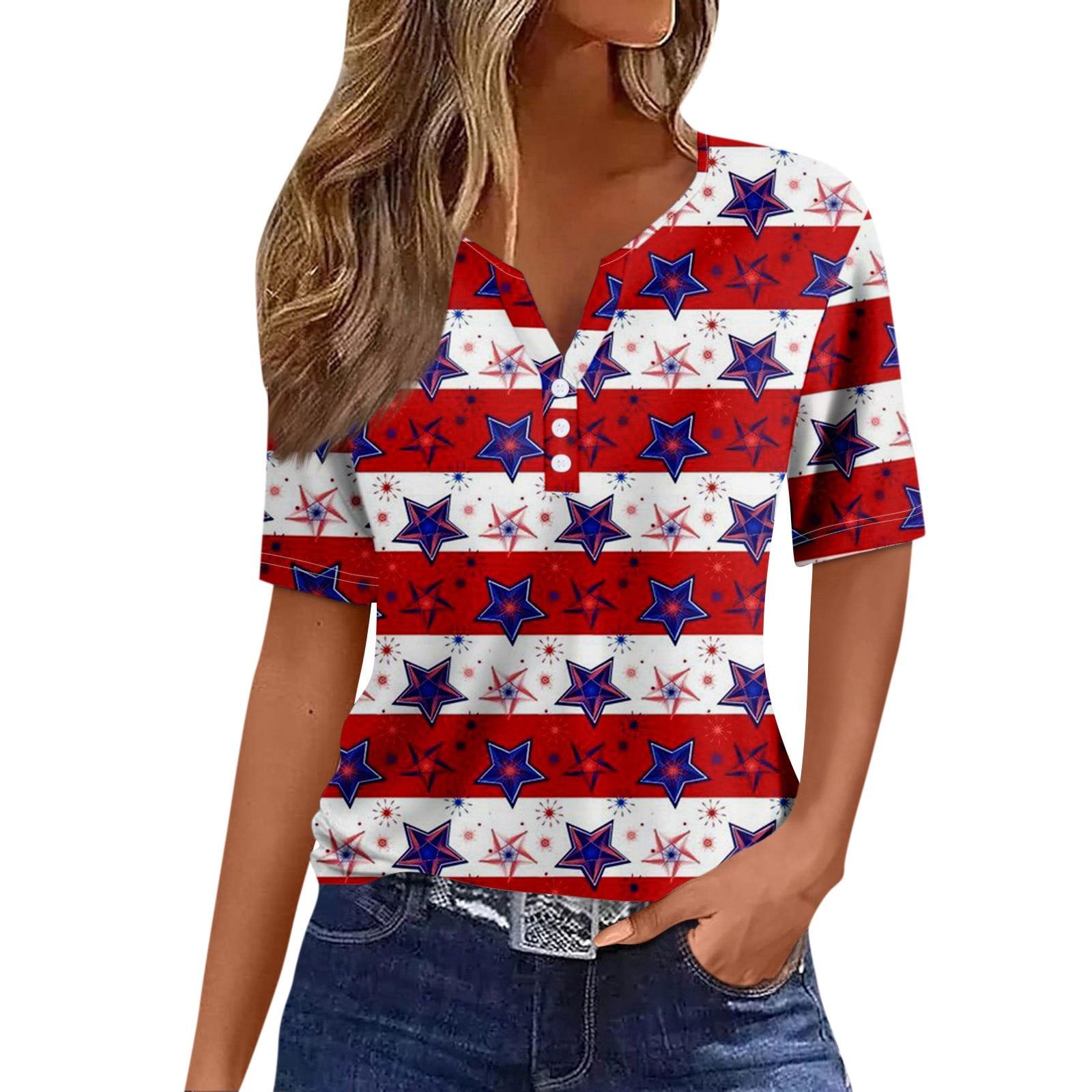 American Flag Plus Size Tops for Women Patriotic Casual Summer Short