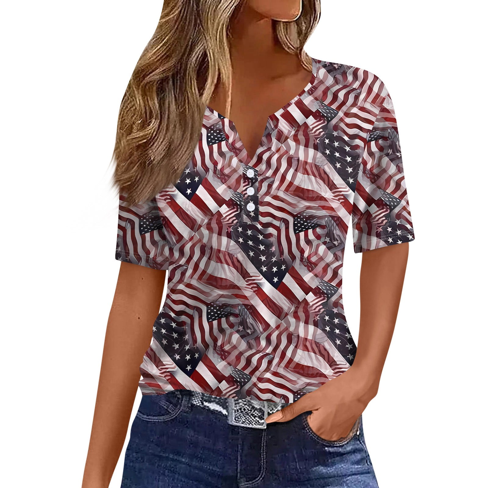 American Flag Plus Size Tops for Women Patriotic Casual Summer Short