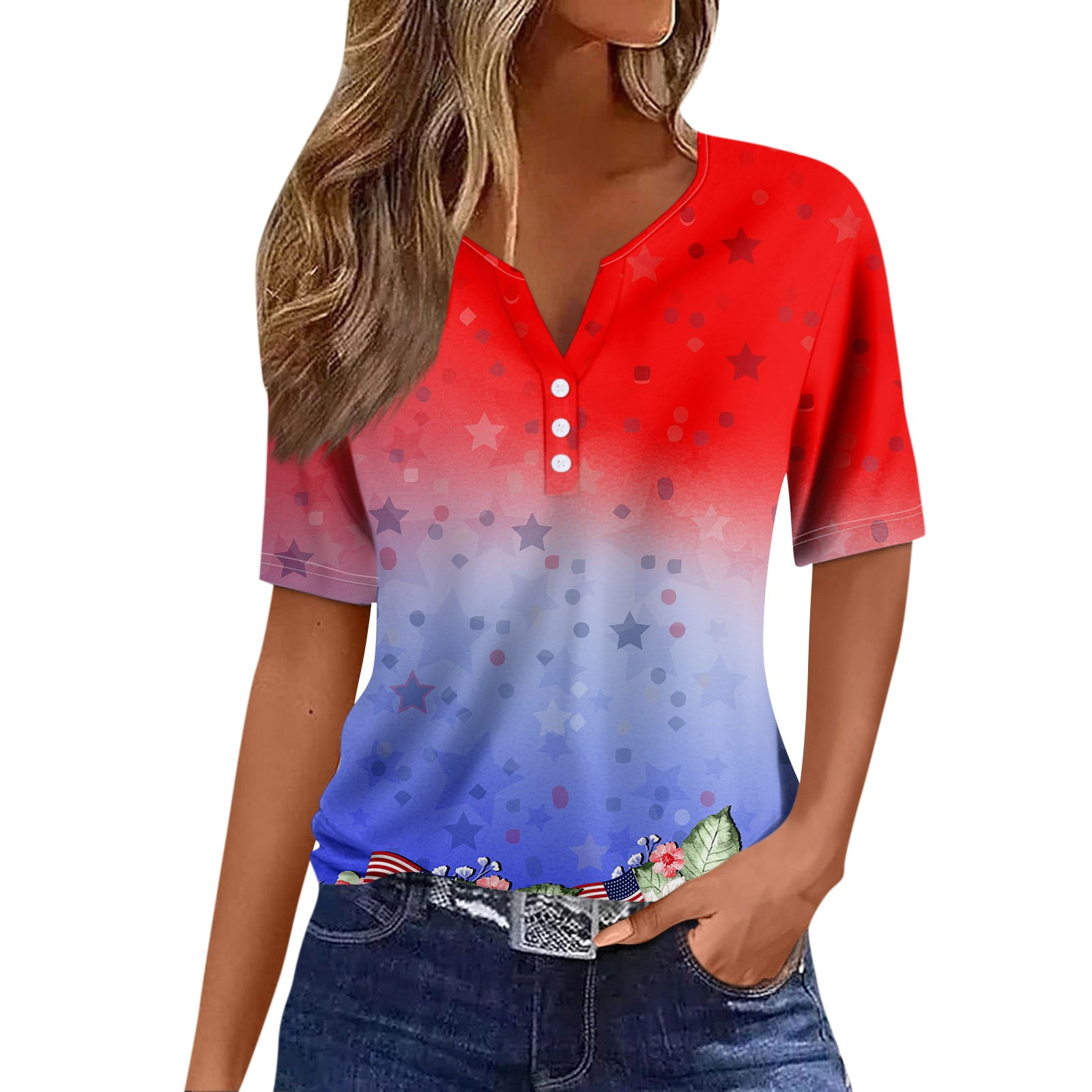 American Flag Plus Size Tops for Women Patriotic Casual Summer Short