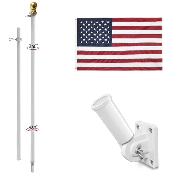 American Flag Pole Kit, Including 100% Polyester 2x3 ft US Flag, 6 Ft Aluminum White No Tangle Spinning Pole and Multi-Position Flag Pole Bracket
