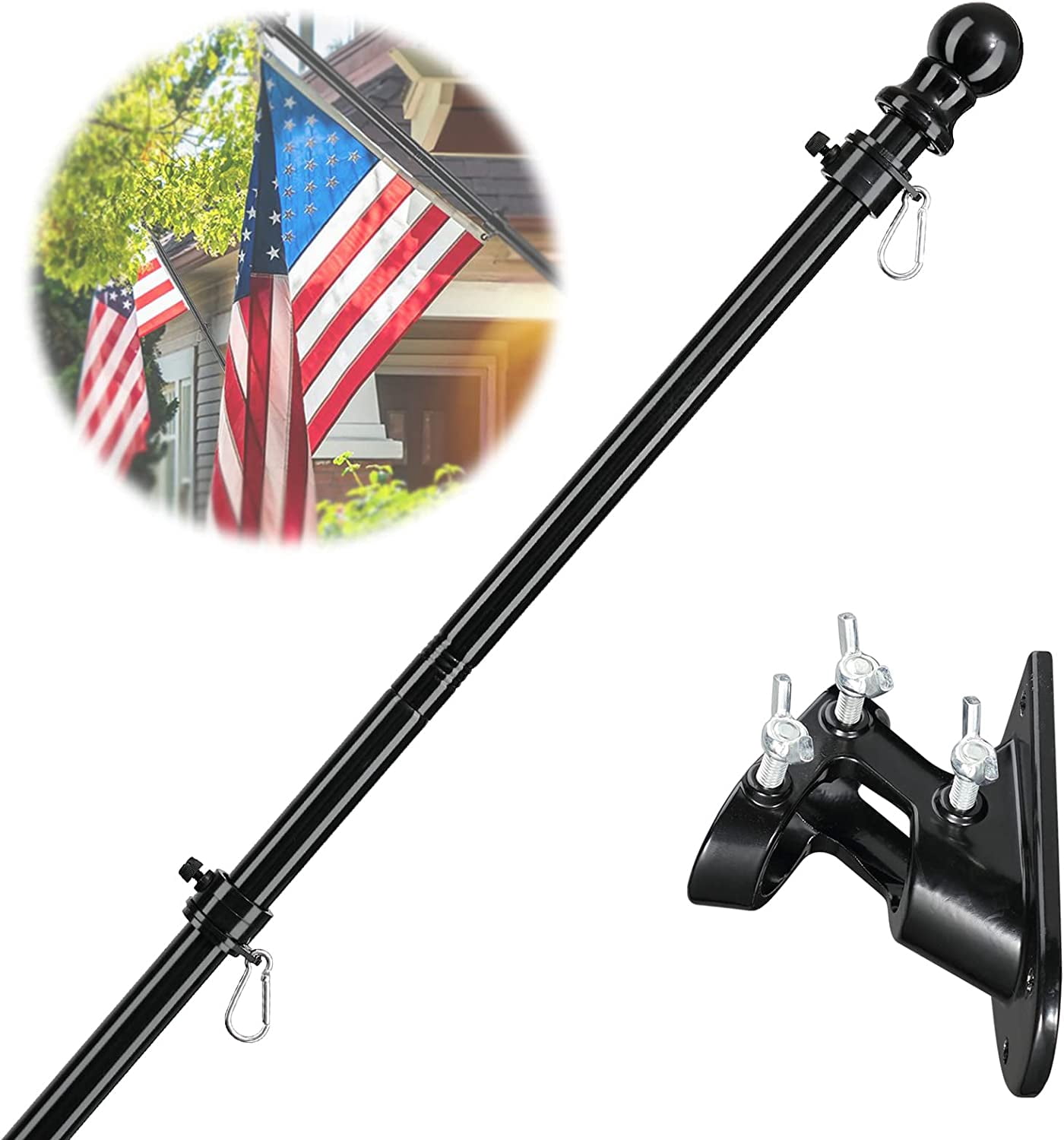American Flag Poles for Outside House - 6ft Tangle Free Flag Pole for House with Holder Bracket,Residential Flagpole Kit for Outdoor Porch Garage - Black