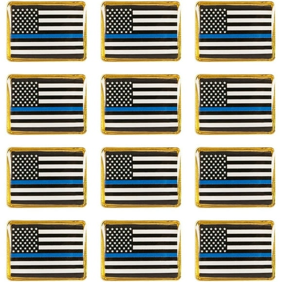 American Flag Police Lapel Pin - 12-Pack Thin Blue Line Flag Rectangle Pins, Law Enforcement Support, Black Blue and White with Gold Frame
