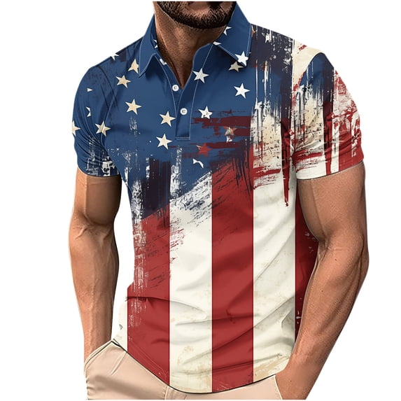 American Flag Polo Shirt for Men Printied Top Button Up Tee Soft Comfy Shirts Short Sleeved T-Shirt Turn-Down Collar Shirt Summer Beach Vacation Tshirt