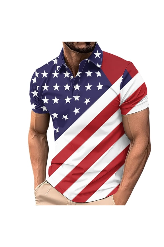 American Flag Polo Shirt for Men Printied Top Button Up Tee Soft Comfy Shirts Short Sleeved T-Shirt Turn-Down Collar Shirt Summer Beach Vacation Tshirt