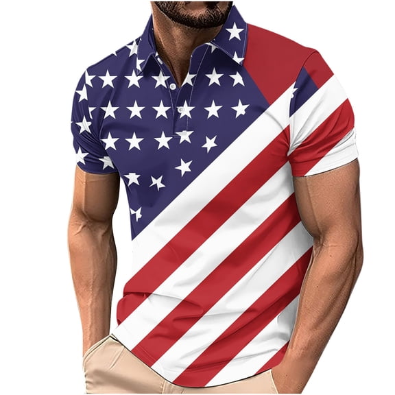 American Flag Polo Shirt for Men Printied Top Button Up Tee Soft Comfy Shirts Short Sleeved T-Shirt Turn-Down Collar Shirt Summer Beach Vacation Tshirt