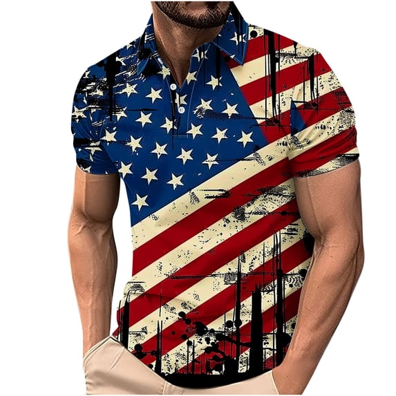 American Flag Polo Shirt for Men Printied Top Button Up Tee Soft Comfy Shirts Short Sleeved T-Shirt Turn-Down Collar Shirt Summer Beach Vacation Tshirt