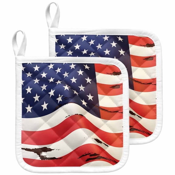 American Flag Pot Holders for Kitchen Heatproof Potholder, 2 Pack Red Blue USA Flag Hot Pads Multipurpose Oven Pads Cloth Potholders Trivet for Cooking and Baking