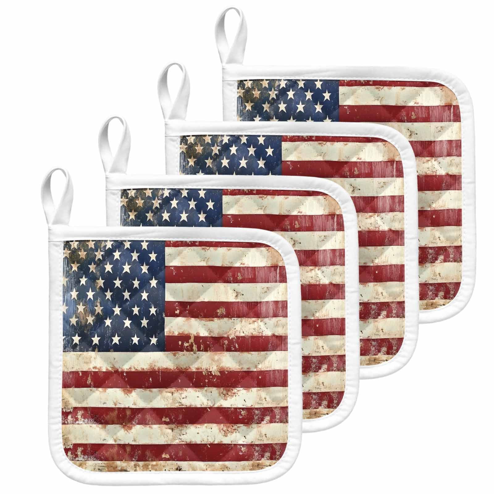 American Flag Pot Holders for Kitchen Heatproof Potholder, 4 Pack Vintage Blue Red USA Flag Retro Hot Pads Multipurpose Oven Pads Cloth Potholders Trivet for Cooking and Baking