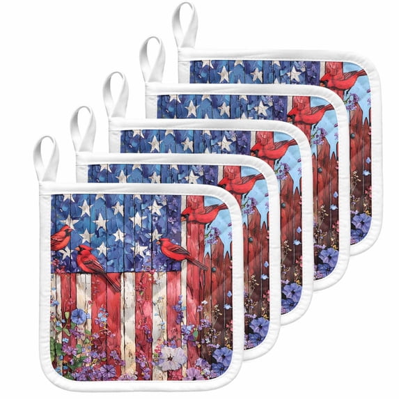 American Flag Pot Holders for Kitchen Heatproof Potholder, 5 Pack Red Blue Star Stripe Patriotic Floral Bird Hot Pads Multipurpose Oven Pads Cloth Potholders Trivet for Cooking Baking