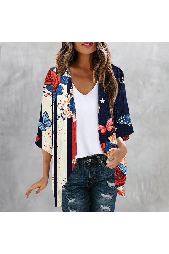 American Flag Print Cardigan for Women - July 4th USA Star & Stripe Patriotic Lightweight Shawl Open Kimono