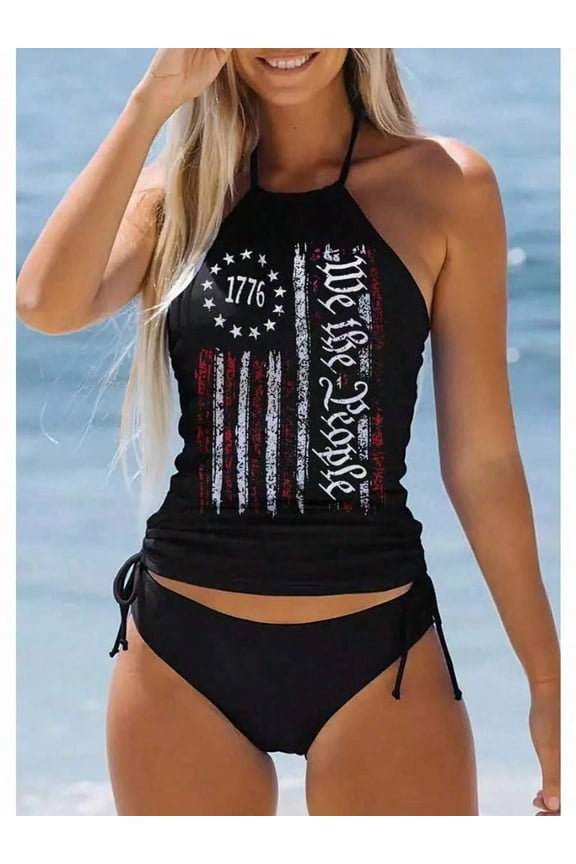 American Flag Print Halter Tankini Swimsuit Set, Patriotic Graphic 4th of July Two-Piece Swimwear with Drawstring, Modest Swimsuits for Women