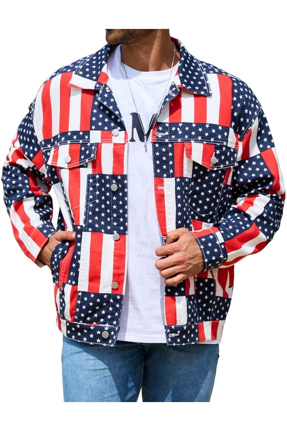 250th Anniversary American Flag Print Jacket for Men Trucker Unlined Coats 4th of July Button Down Collar Tops(Square Star,L)