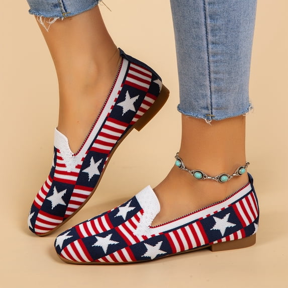American Flag Print Patriotic Shoes for Women Slip on Sneakers Classic Mesh Loafers EVA Sole Breathable Shoes