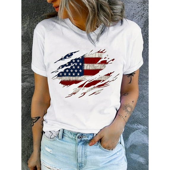 American Flag Print T-Shirt, Independence Day Short Sleeve Crew Neck Casual Top For Summer & Spring, Women's Clothing