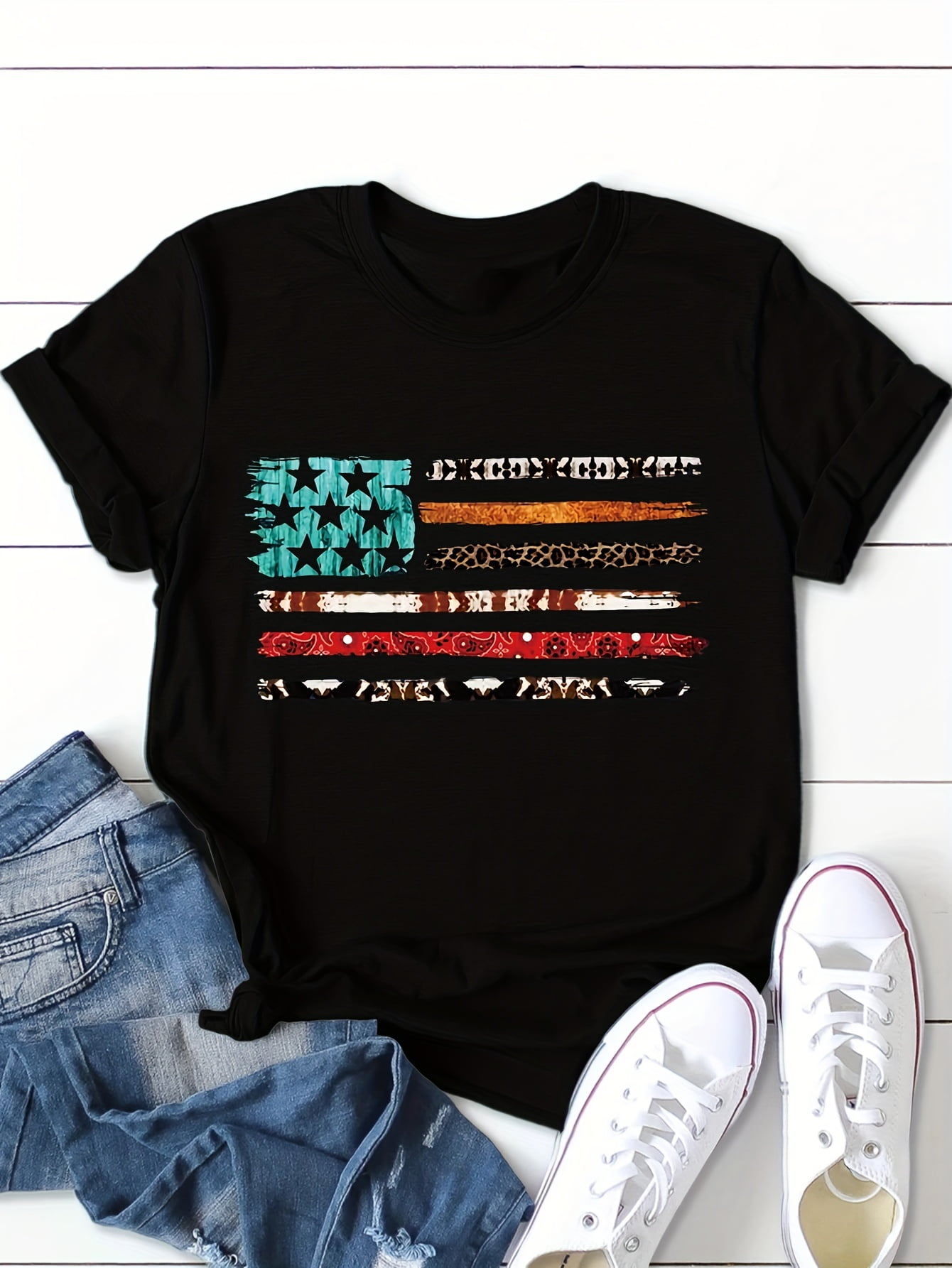 American Flag Print T-shirt, Casual Crew Neck Short Sleeve T-shirt ...