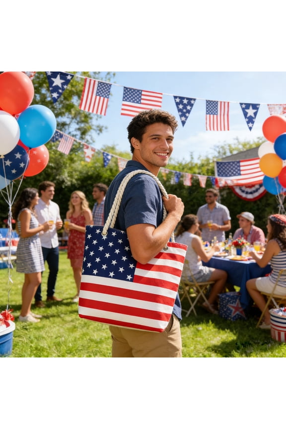 American Flag Print Tote Bag Stars and Stripes Beach Bag Rope Handles Shoulder Bag Women Purse