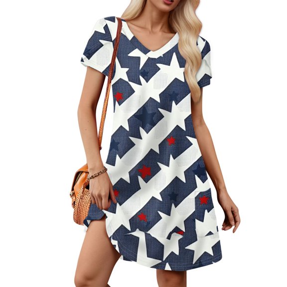 American Flag Print V-Neck Sundress for Women – Short Sleeve Loose Fit Casual Dress, Independence Day