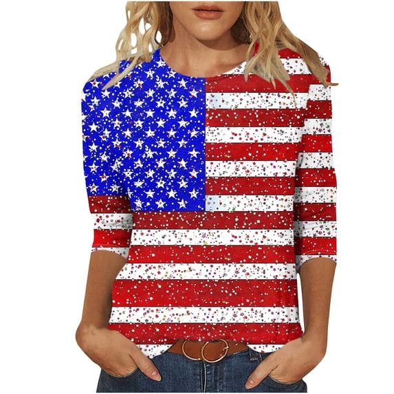 American Flag Printed Tee Shirts for Womens Summer Round Neck Tops 3/4 Length Sleeve T Shirts Slim Fitted Tunic Blouses Pullover Sweater Blouses Dressy CaUSAl Tunics Going Out Clothes
