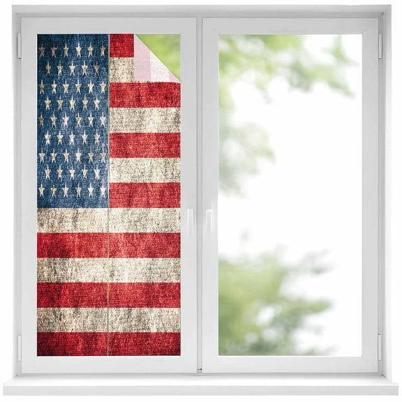 American Flag Privacy Window Film, Decorative Frosted Glass Window Film, Vintage Blue Red USA Flag Reusable Peel and Stick Static Cling for Home Bathroom Office Glass Door 17.7"x39.3"