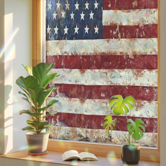 American Flag Privacy Window Film, Decorative Stained Glass Window Film, Vintage Blue Red USA Flag Retro Resuable Rainbow Static Cling for Home Bathroom Living Room Glass Door 29.5"x78.7"