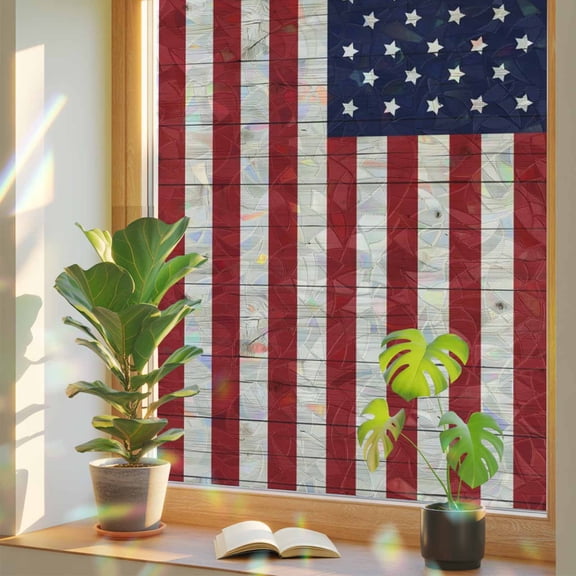 American Flag Privacy Window Film, Decorative Stained Glass Window Film, Vintage Wooden Star Striped Red Blue Resuable Rainbow Static Cling for Home Bathroom Living Room Glass Door 17.7"x78.7"