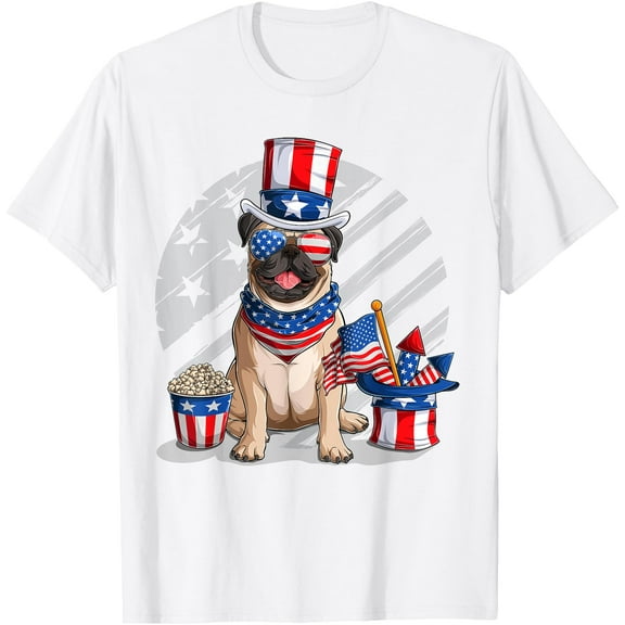 American Flag Pug 4th July Independence Day T T-Shirt , White