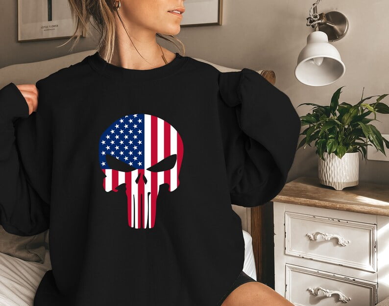 American Flag Punisher Skull Sweatshirt Skull Flag Shirt Patriotic Skull Sweatshirt 4th of July USA Flag tee Independence Day sweatshirts graphic beautiful Walmart