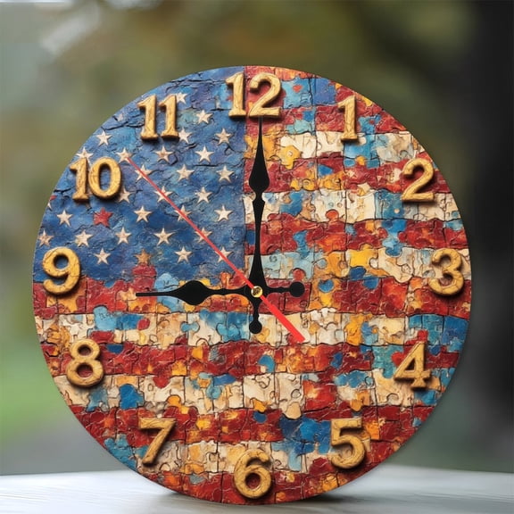 American Flag Puzzle Clock Wall Decor 10-Inch Silent Wooden Wall Clock, Battery Operated (AA Batteries Not Included), Artistic Home Decor