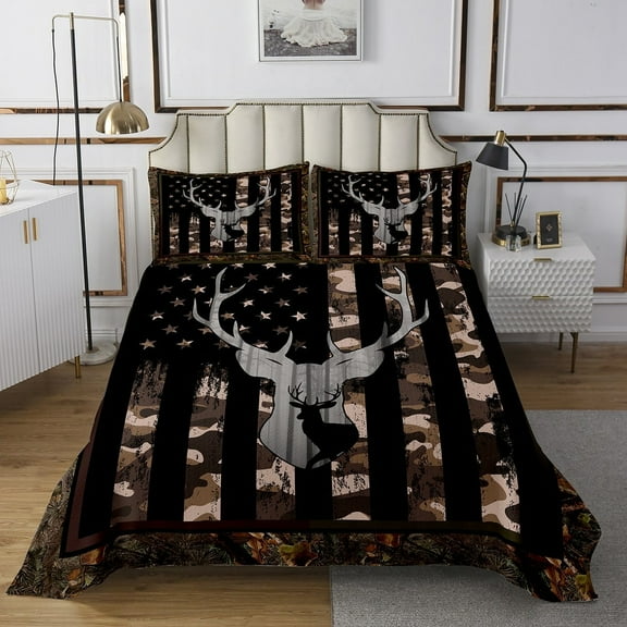 American Flag Queen Bedspread Set, Brown Grey Camouflage Antlers and Leaves Coverlet Set for Teens Adults,Camo Hunting Deer Wild Animal Quilt Set Stars and Stripes Bed Set ( Farmhouse Style )