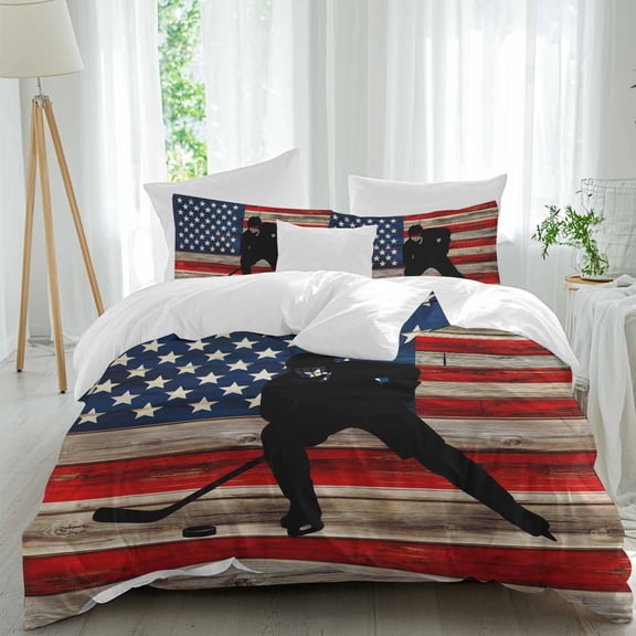 American Flag Queen Size Comforter Set, Blue Red USA Flag Retro Hockey Star Wood Grain Bedding for All Seasons, 4 Pcs Bed Set, 1Quiltcover (90"x92") ,1Sheet(94"x116"), 2Pillowcases (30"x20")