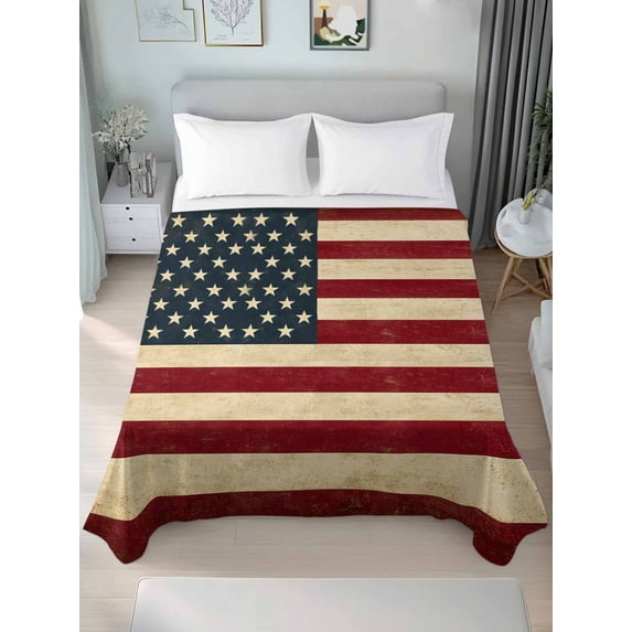 American Flag Queen Size Flat Sheet, Wrinkleproof & Fadeproof Cooling Flat Bed Sheet Only, Vintage Red BlueUSA Flag Breathable Soft Bedding Top Sheets 90 x 102 Inches