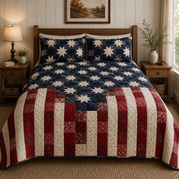American Flag Quilted Bedding Set, Patriotic Stars and Stripes Quilt ...