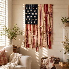 American Flag Rag Banner, Independence Day Wall Hanging Decoration, Cotton Linen USA Patriotic Front Door Banner for Indoor Outdoor 4th of July Home Porch Decor, 50" 27" (1 PC)