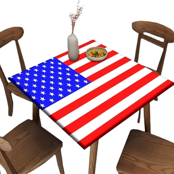 American Flag Red Elastic Fitted Tablecloth, 4Th of July Independence Day Wipeable Square Table Cover, for Indoor Holiday Family Banquet and Outdoor Patio Use, Fits to 36 x 36 in Table