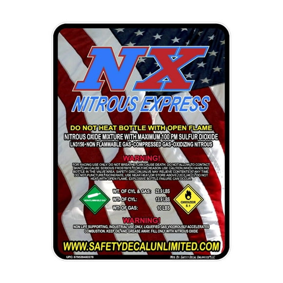 American Flag Red White Blue Customize Nitrous Oxide Bottle Replacement Refill Peel and Stick Label Decal Sticker Sign NOS Outlet Express 2 5 10 15 20lb Made in America (Non-Laminated 10LB) (NX)