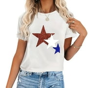BUDENS American Flag Red White Blue Stars Glitter Shirt Women Short Sleeve Casual Graphic Tee Tops