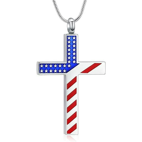 American Flag Religious Cross Urn Necklace for Ashes for Human / Pet Ashes Cremation Jewelry Memorial Jewelry of Loved Ones