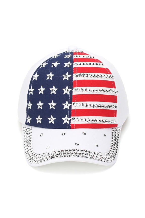 American Flag Rhinestone Baseball Cap Stars and Stripes Denim Adjustable Sun Hat for Women