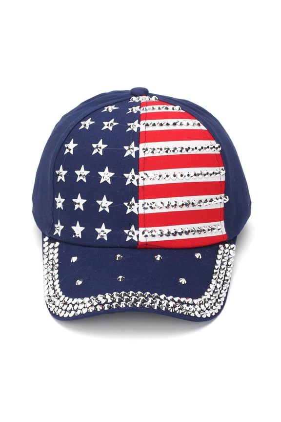 American Flag Rhinestone Baseball Cap Stars and Stripes Denim Adjustable Sun Hat for Women
