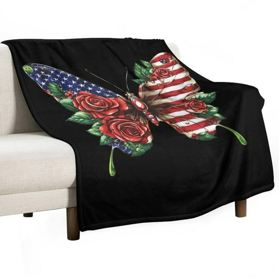American Flag Rose And Butterfly Super Soft Blanket Christmas Throw Blanket Flannel Microfiber Blankets for Couch Bed Sofa Fluffy and Warm 30"x40"