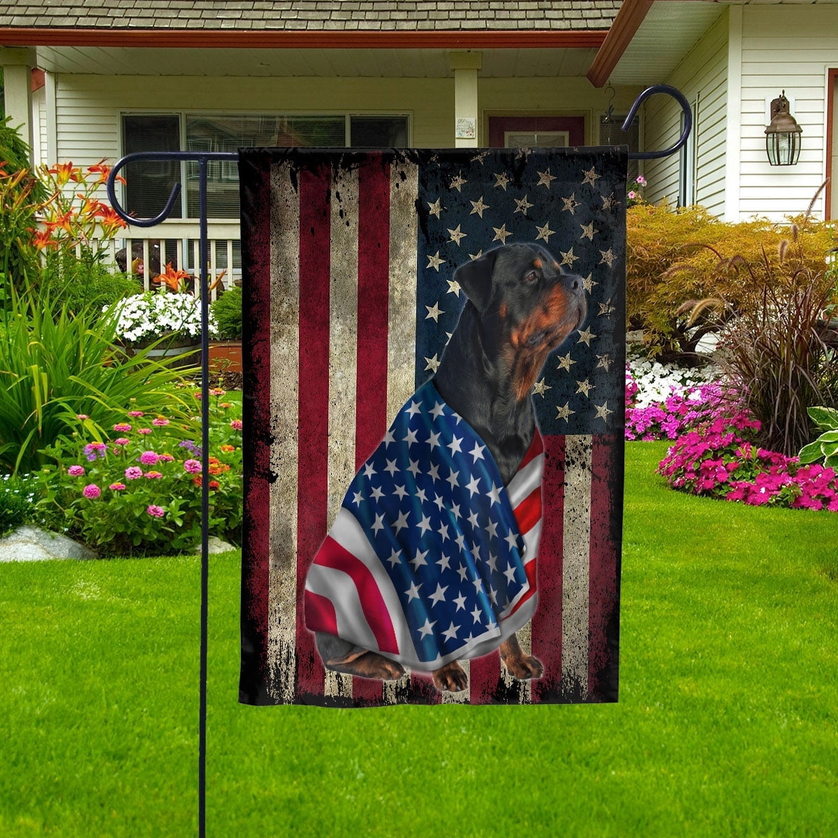 American Flag Rottweiler Dog Wearing Flag American Patriot Patriotic 4th of july Garden Flag, Double-Sided Decorative Outdoor Flag, Patriotic Polyester Yard Flag 12 x 18 in
