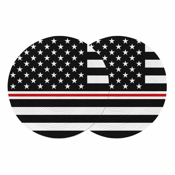 American Flag Round 13 Inch Placemats Set of 2, Black White Striped Star with Red Lines HeatResistant Non Slip Place Mats for Dining Table, Wipeable Braided Kitchen Table Mats for Housewarming