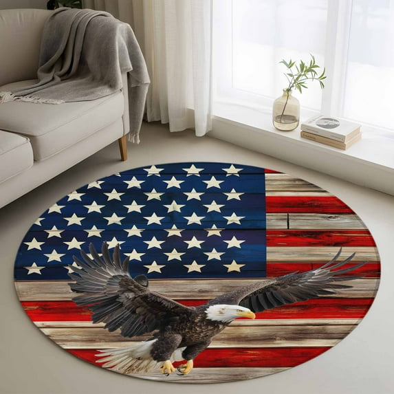 American Flag Round Area Rug 4 FT, Non Slip Indoor Outdoor Rug, Eagle Blue Red USA Flag Retro Washable Soft Circular Carpet Non-Shedding Floor Mat for Coffee Table Nursery Foyer Balcony