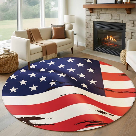 American Flag Round Area Rug 7 FT, Non Slip Living Room Area Carpet, Red Blue USA Flag Washable Soft Circular Rug Non-Shedding Floor Carpet for Bedside Office Play Room Classroom