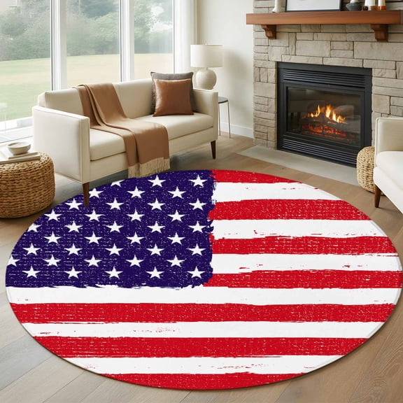 American Flag Round Area Rug 7 FT, Non Slip Living Room Area Carpet, Retro Rustic Stars And Stripes US Flag Washable Soft Circular Rug Non-Shedding Floor Carpet for Bedside Office Play Room Classroom
