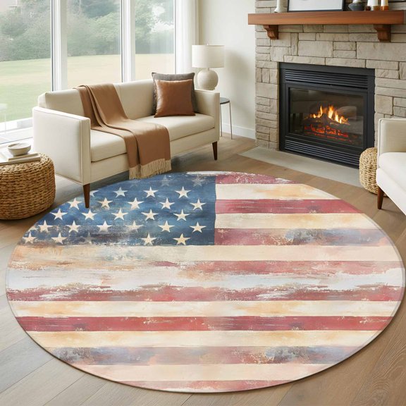American Flag Round Area Rug 7 FT, Non Slip Living Room Area Carpet, Rustic Star Stripes USA Flag Retro Washable Soft Circular Rug Non-Shedding Floor Carpet for Bedside Office Play Room Classroom