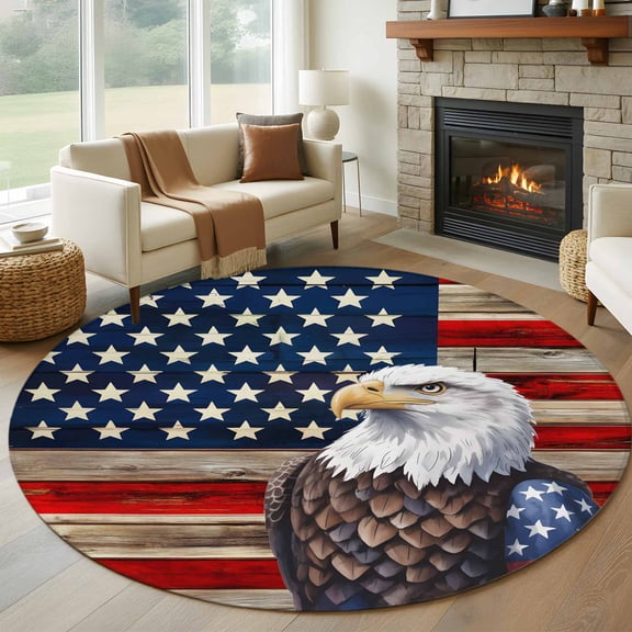 American Flag Round Area Rug 7 FT, Non Slip Living Room Area Carpet, Vintage Eagle Blue Red USA Flag Washable Soft Circular Rug Non-Shedding Floor Carpet for Bedside Office Play Room Classroom